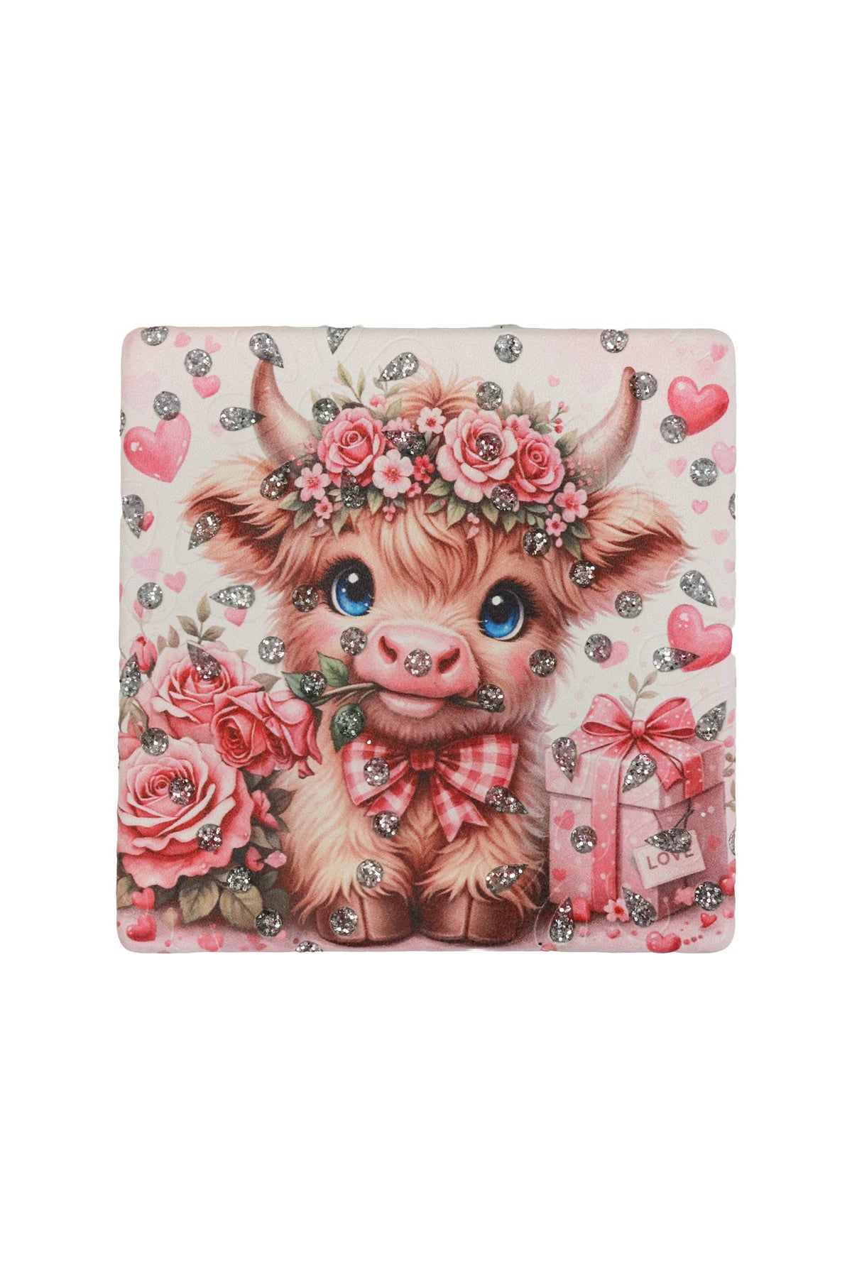Pink Highland Cow Glittery Square Compact Mirror