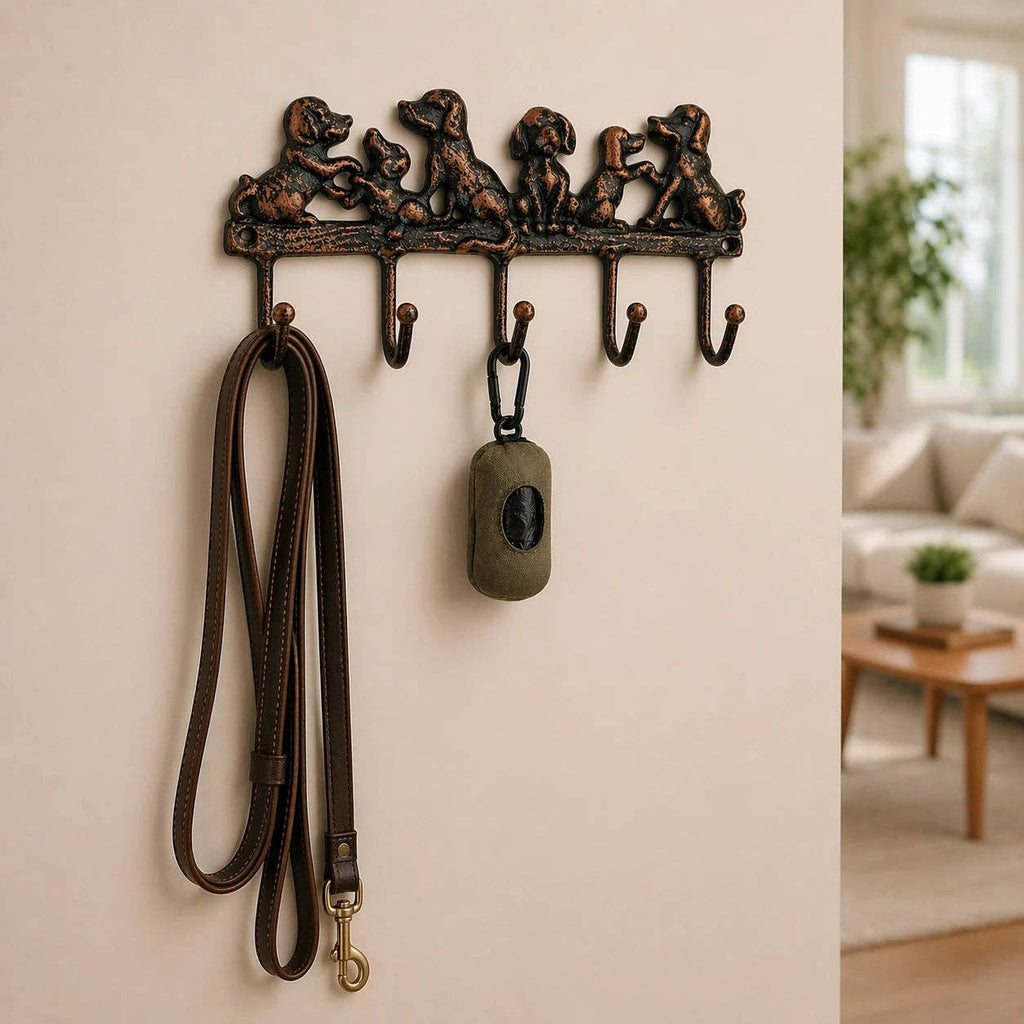 Dog Family 5-Hook Rack, Cast Iron for Leashes, Coats or Keys, 8.5"