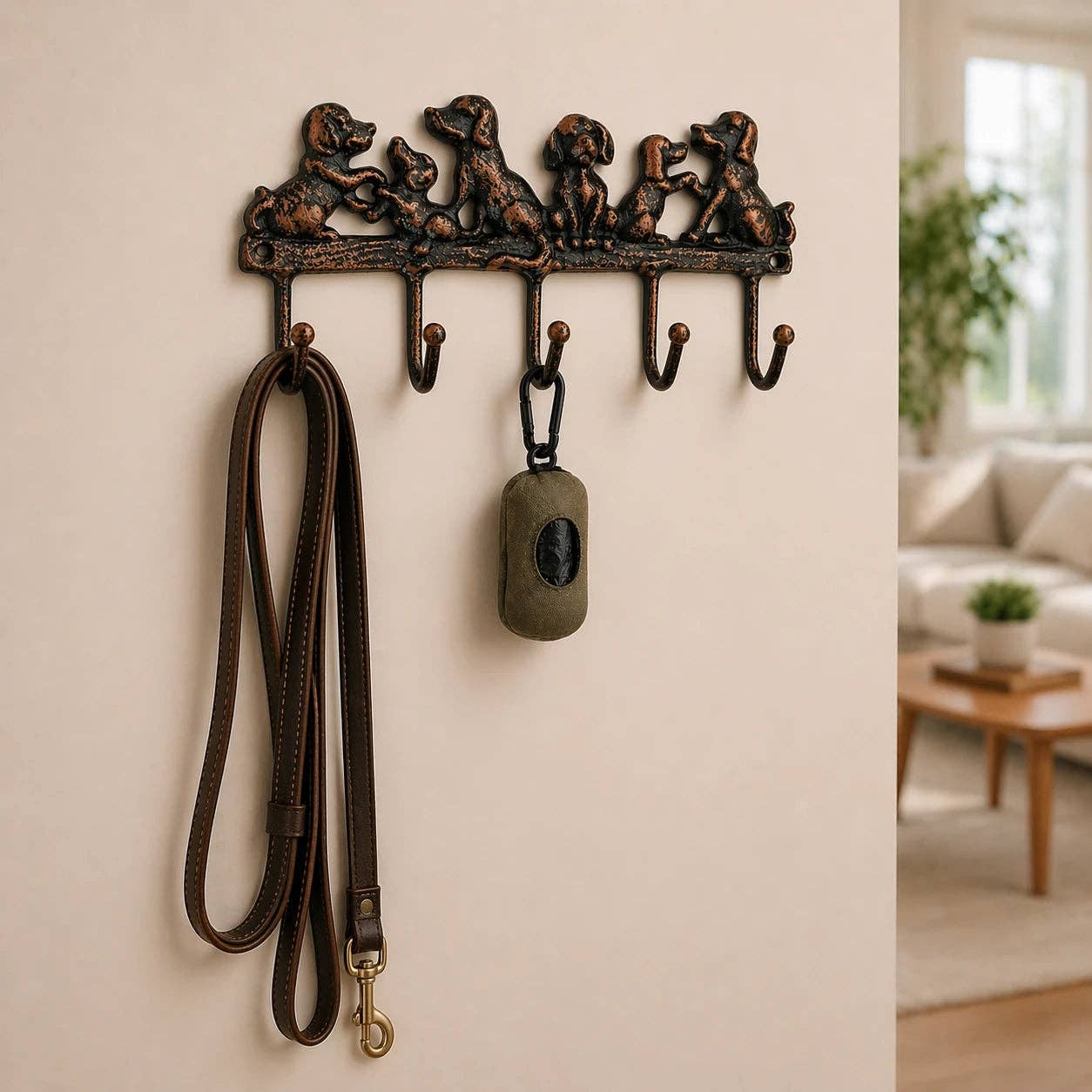 Dog Family 5-Hook Rack, Cast Iron for Leashes, Coats or Keys, 8.5"