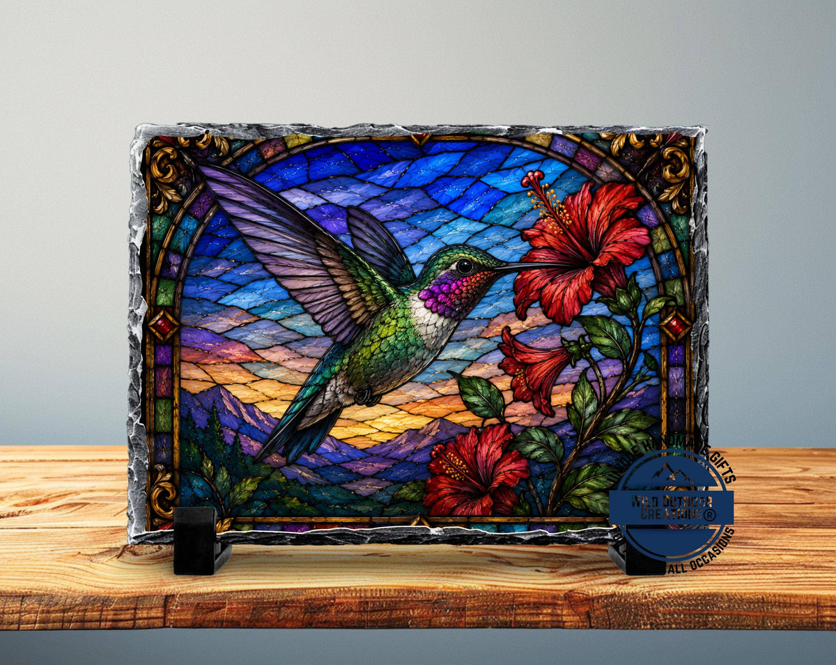 Slate Plaque - Faux Stained Glass - Hummingbird & Hibiscus