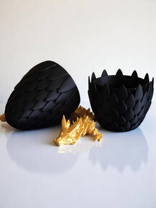 3D Printed 12" Dragon and 6" Egg: Black Egg / Gold Dragon