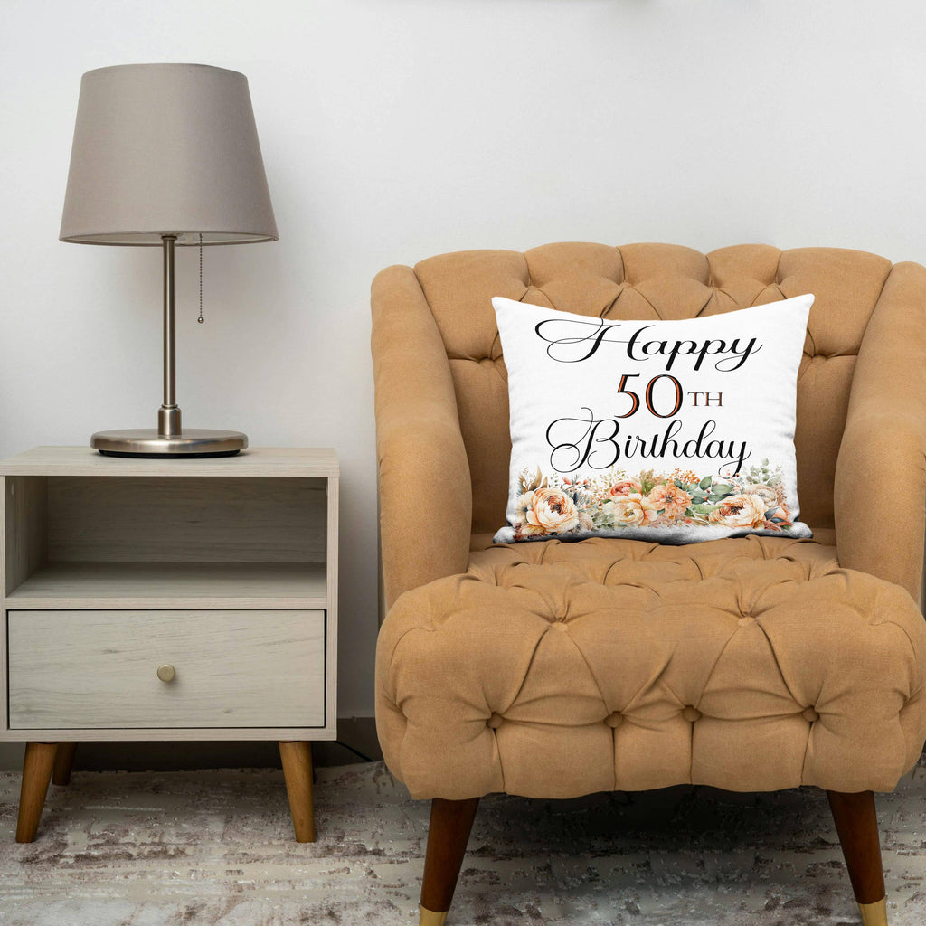 Happy 50th Birthday With Peach Flowers, Pillow