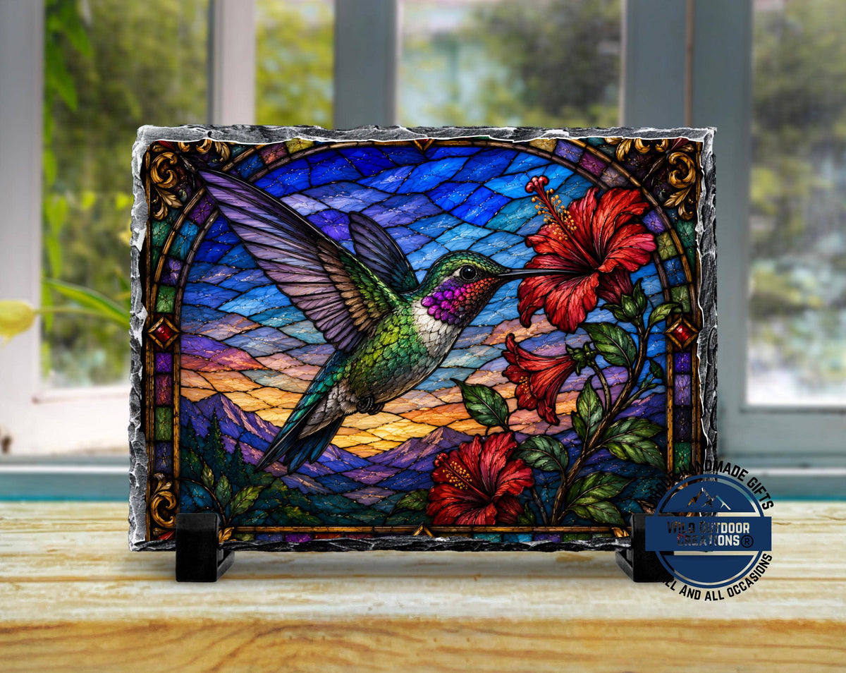 Slate Plaque - Faux Stained Glass - Hummingbird & Hibiscus