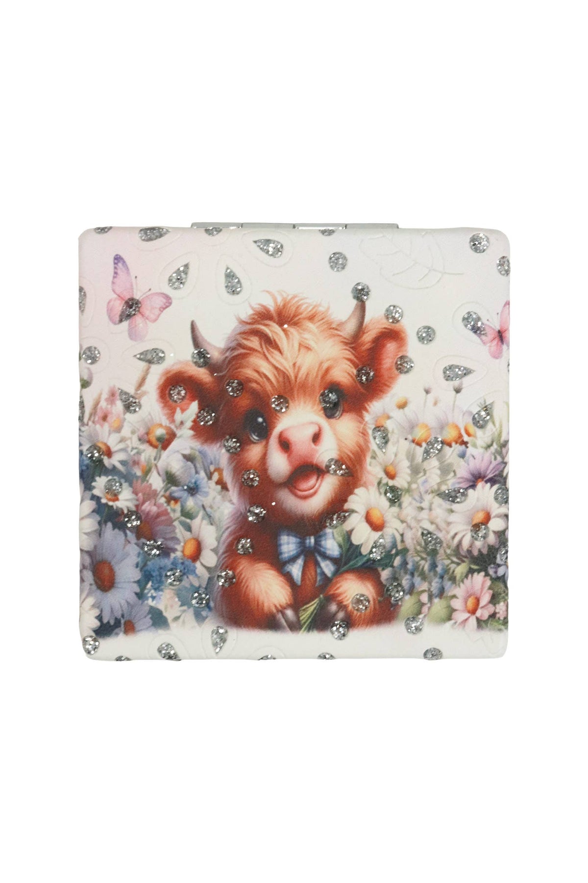 Pink Highland Cow Glittery Square Compact Mirror