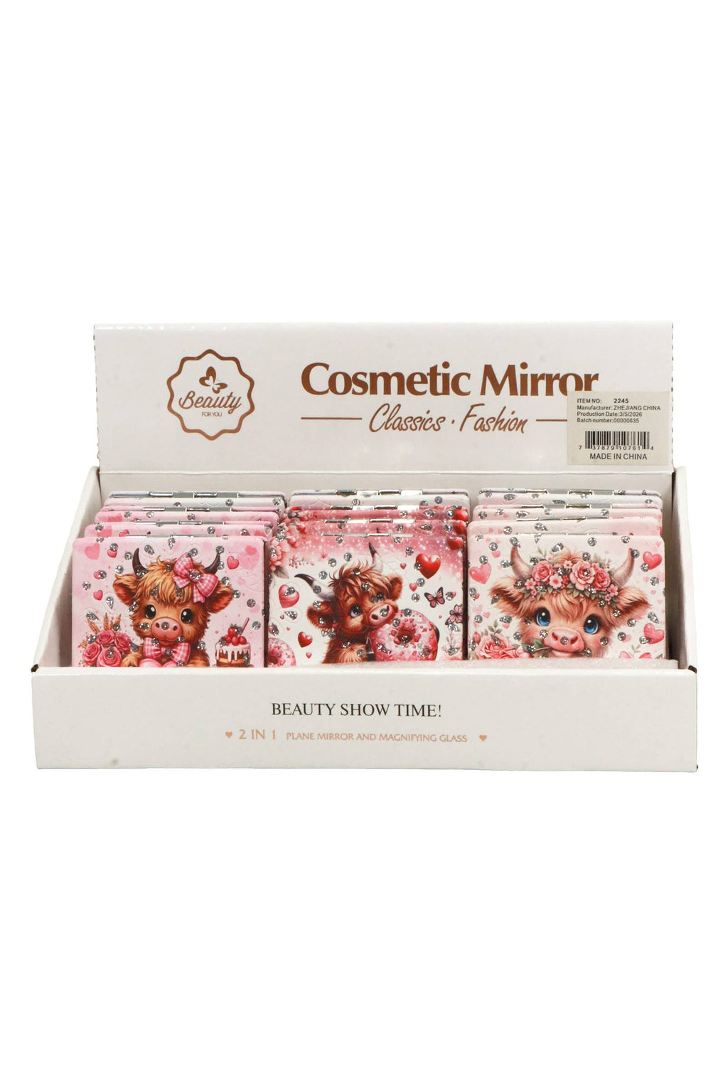 Pink Highland Cow Glittery Square Compact Mirror