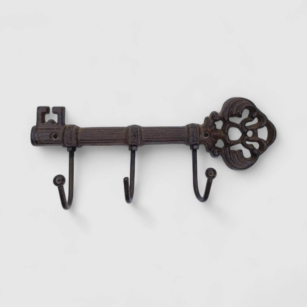 Key Hook Rack, Antique Cast Iron, 3 Hooks for Keys, Coats or Hats, 9.1"