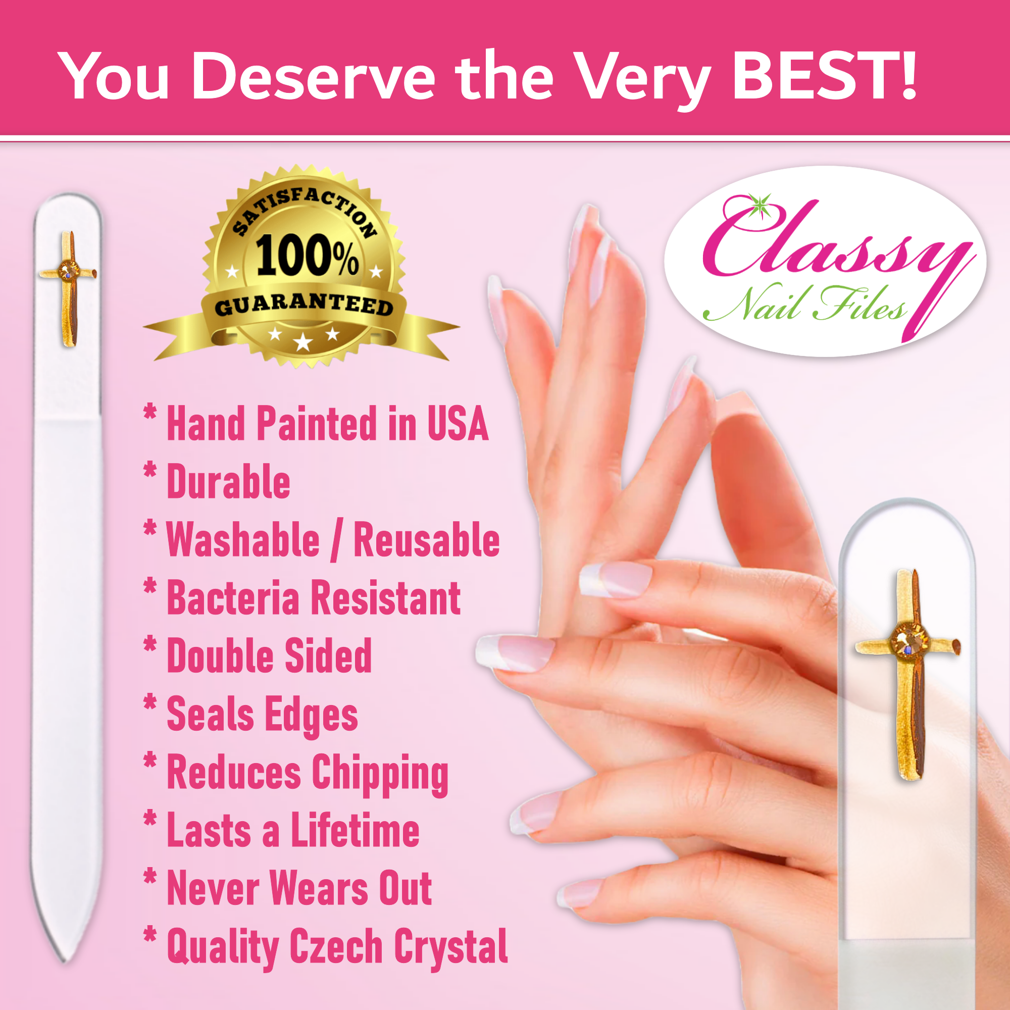 Gold Cross Religion Christian Hand Painted Crystal Nail File: Medium