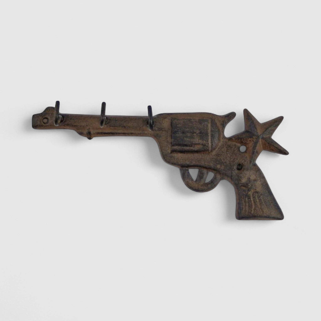 Pistol Wall Hooks with Star, Western Cast Iron for Coats and Keys, 9.8"