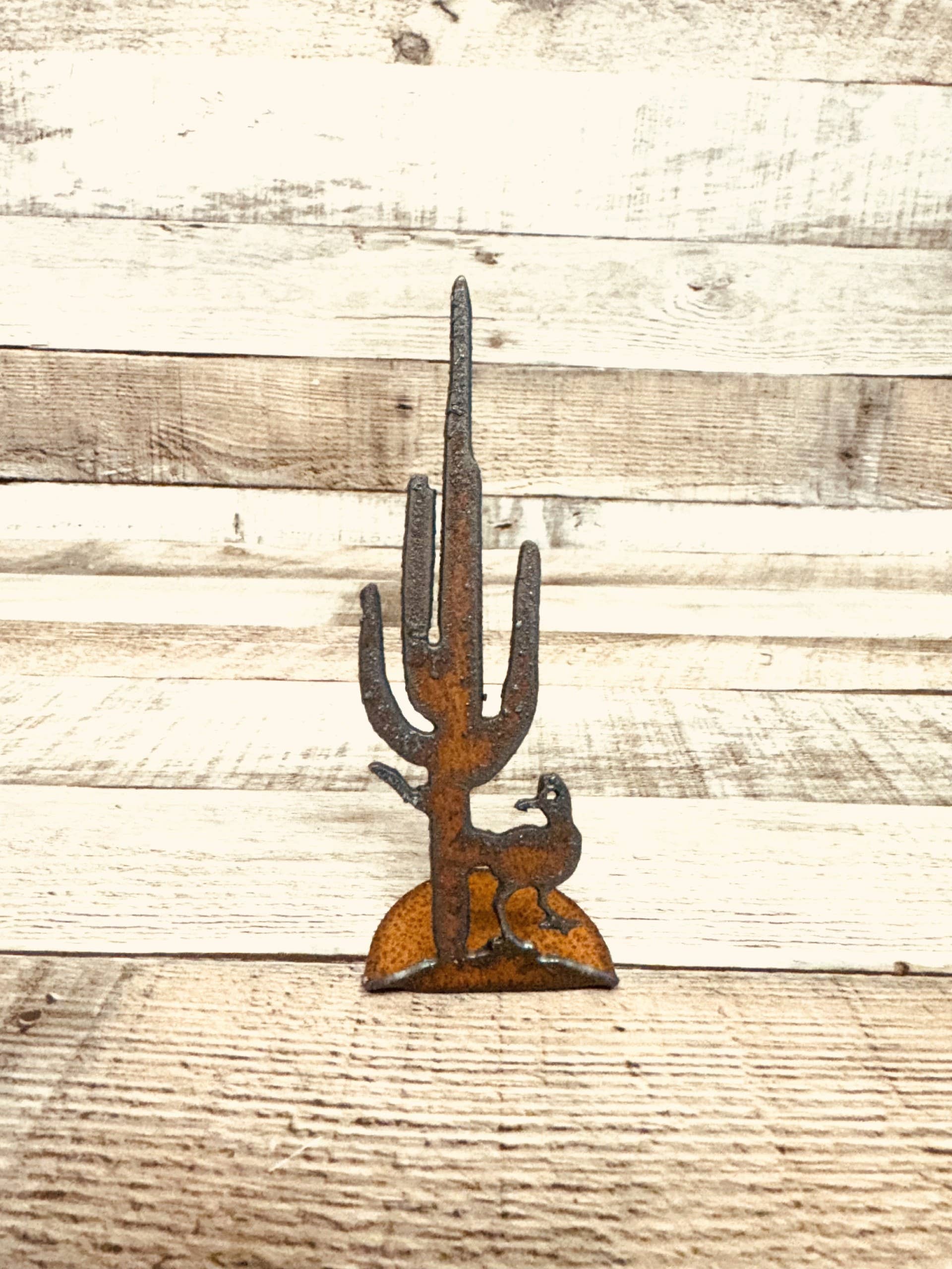 Roadrunner and Cactus Rustic Metal Doodad Figurine