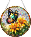 Butterfly & Yellow Flowers Glass Suncatcher
