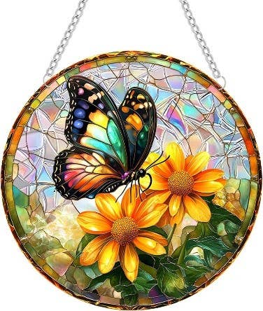 Butterfly & Yellow Flowers Glass Suncatcher