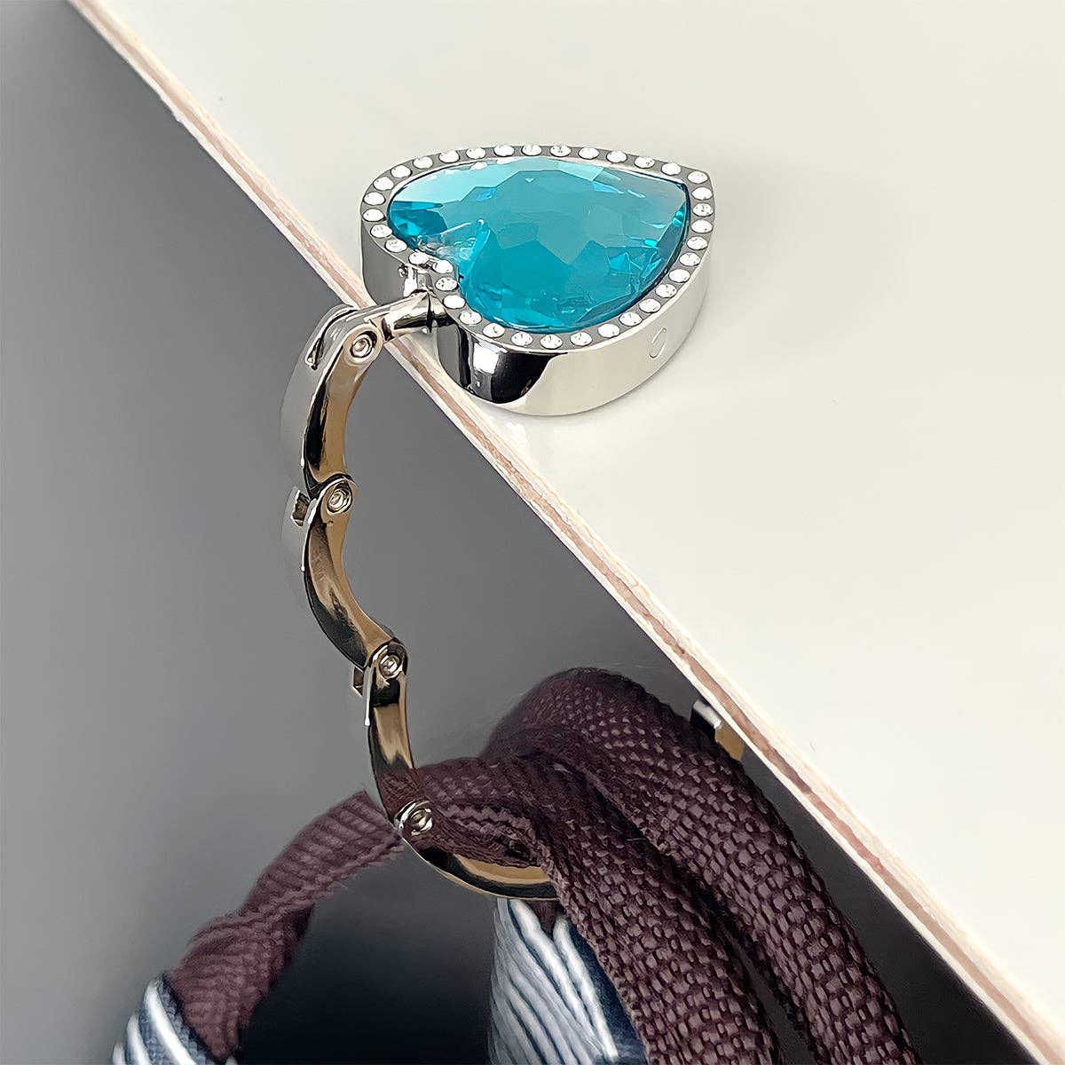 Heart Shaped Purse Hook Hanger with Rhinestones: Sky Blue