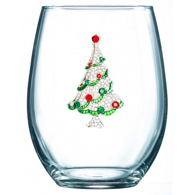 Christmas Tree Jeweled Stemless Wine Glass
