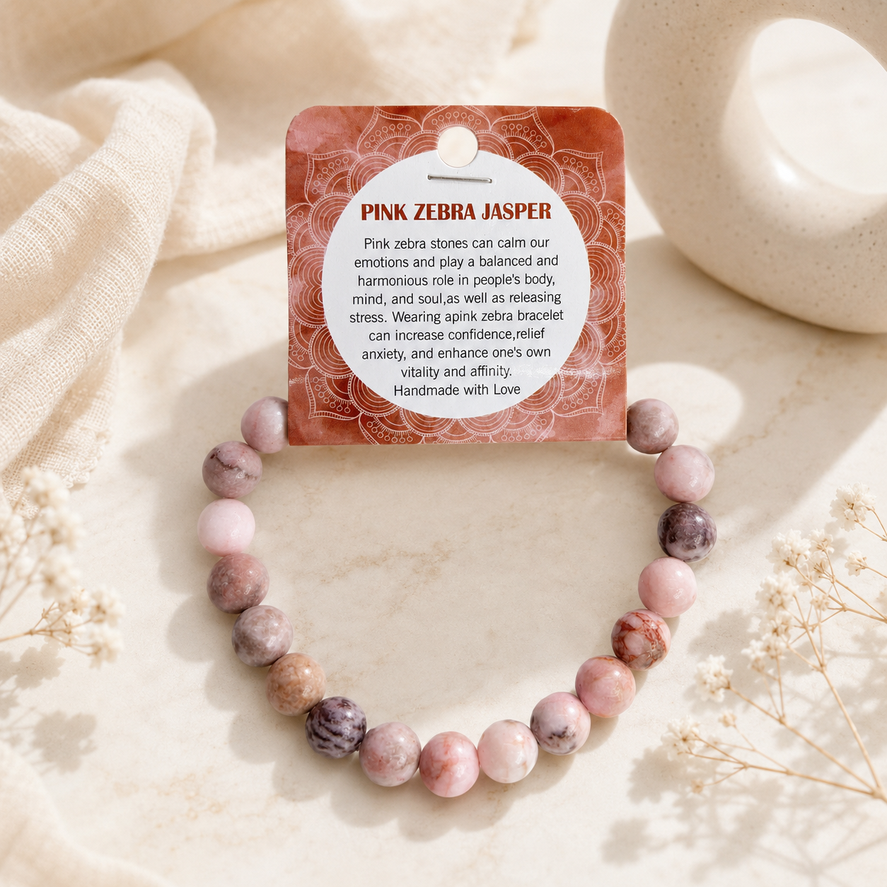 Natural Pink Zebra Jasper Stone Bracelet 8mm