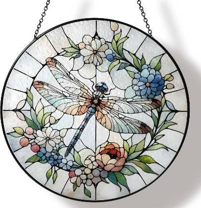 Dragonfly Flowers Glass Suncatcher