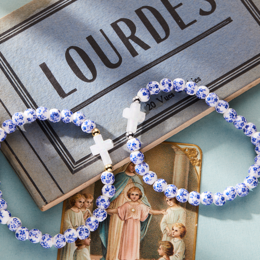 Porcelain Cross Blue Floral Holy Water Bracelet - Gold Spacer Beads