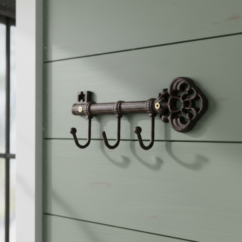 Key Hook Rack, Antique Cast Iron, 3 Hooks for Keys, Coats or Hats, 9.1"