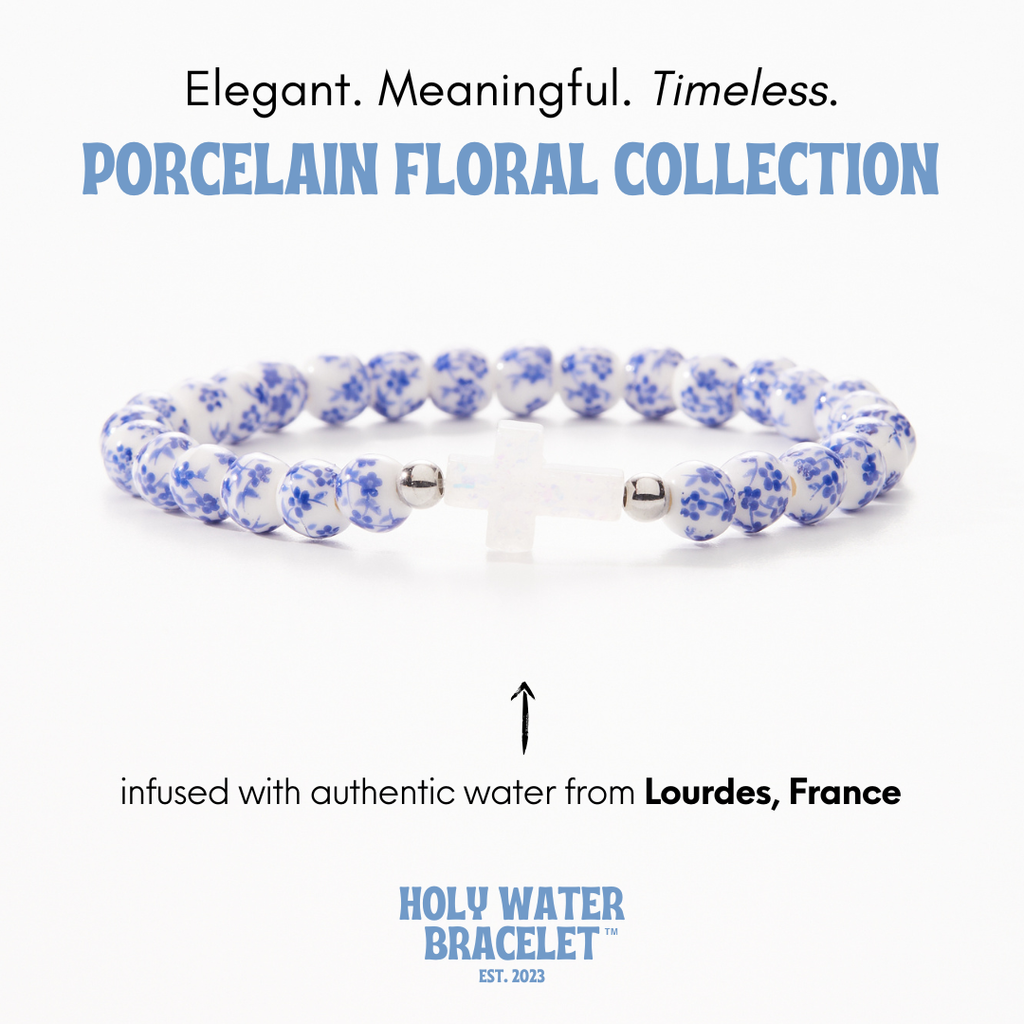 Porcelain Cross Blue Floral Holy Water Bracelet - Gold Spacer Beads