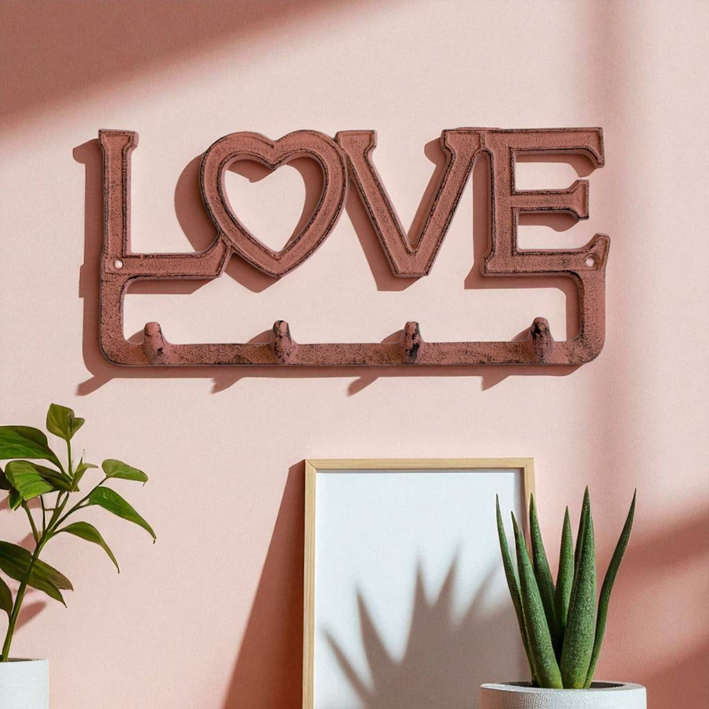 Love Wall Hook Rack with Heart, Cast Iron for Keys, Scarves or Jewelry, 9.8"