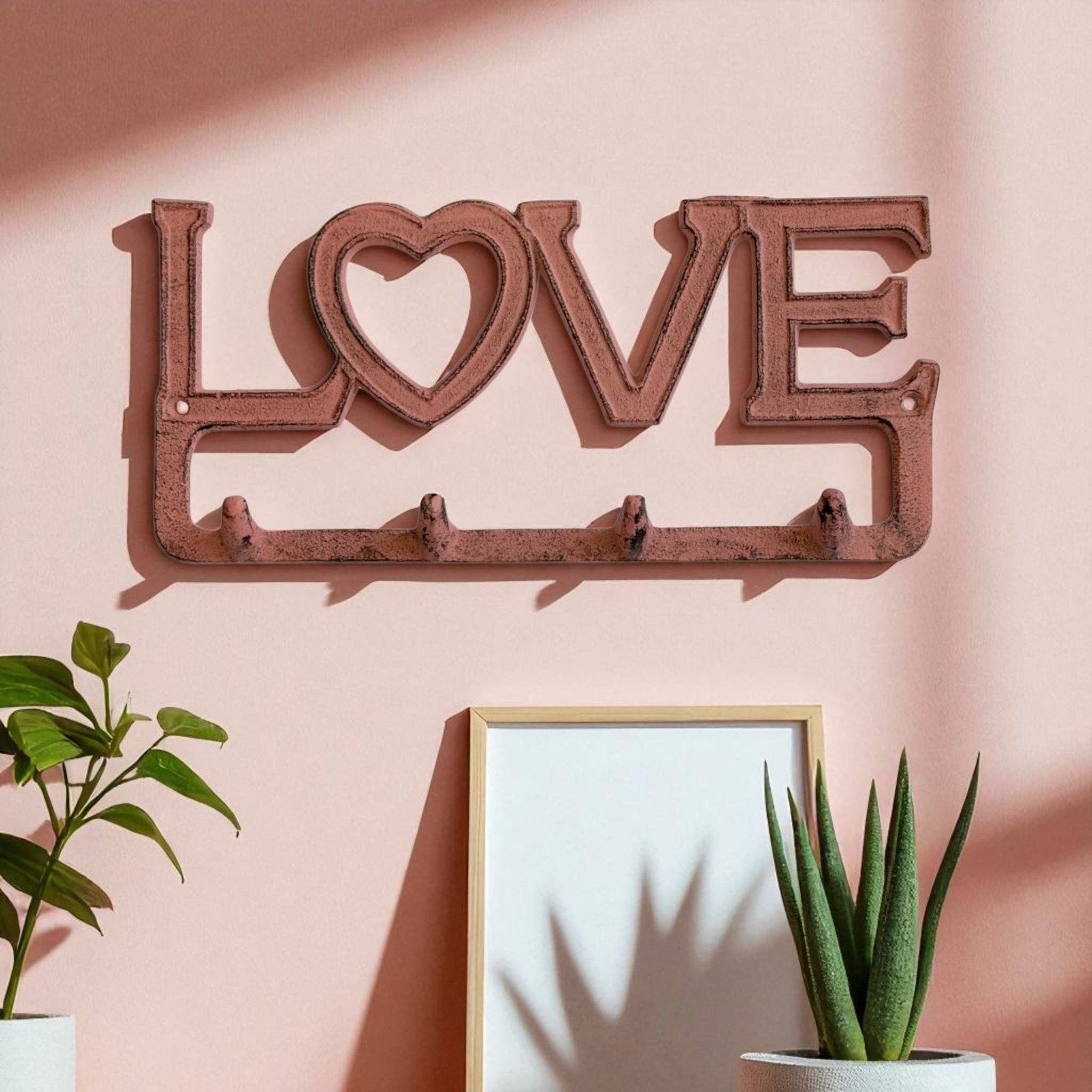 Love Wall Hook Rack with Heart, Cast Iron for Keys, Scarves or Jewelry, 9.8"