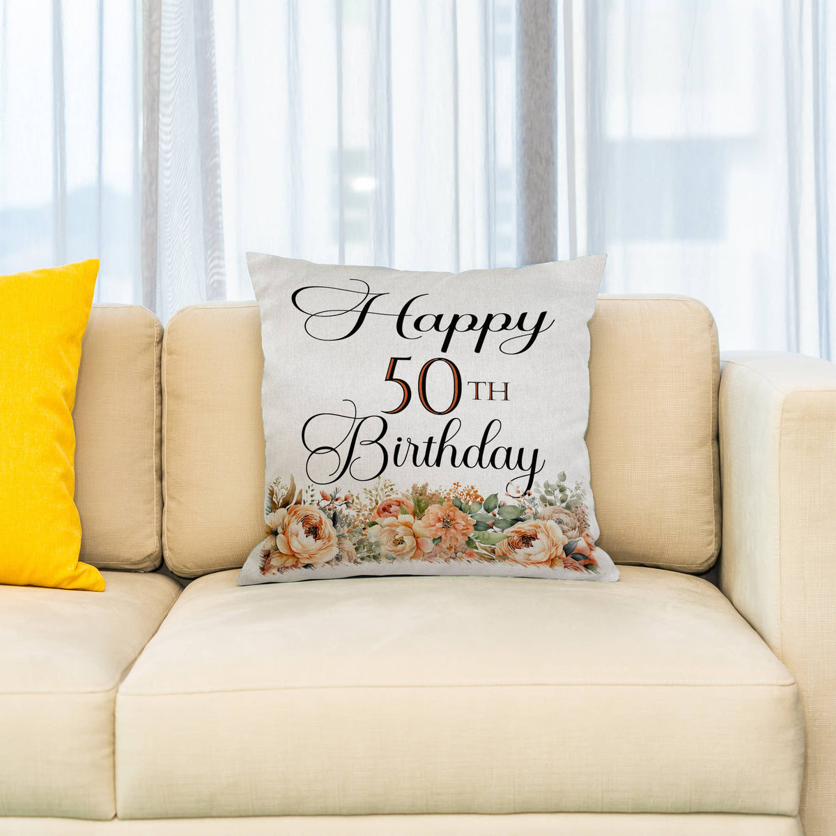 Happy 50th Birthday With Peach Flowers, Pillow