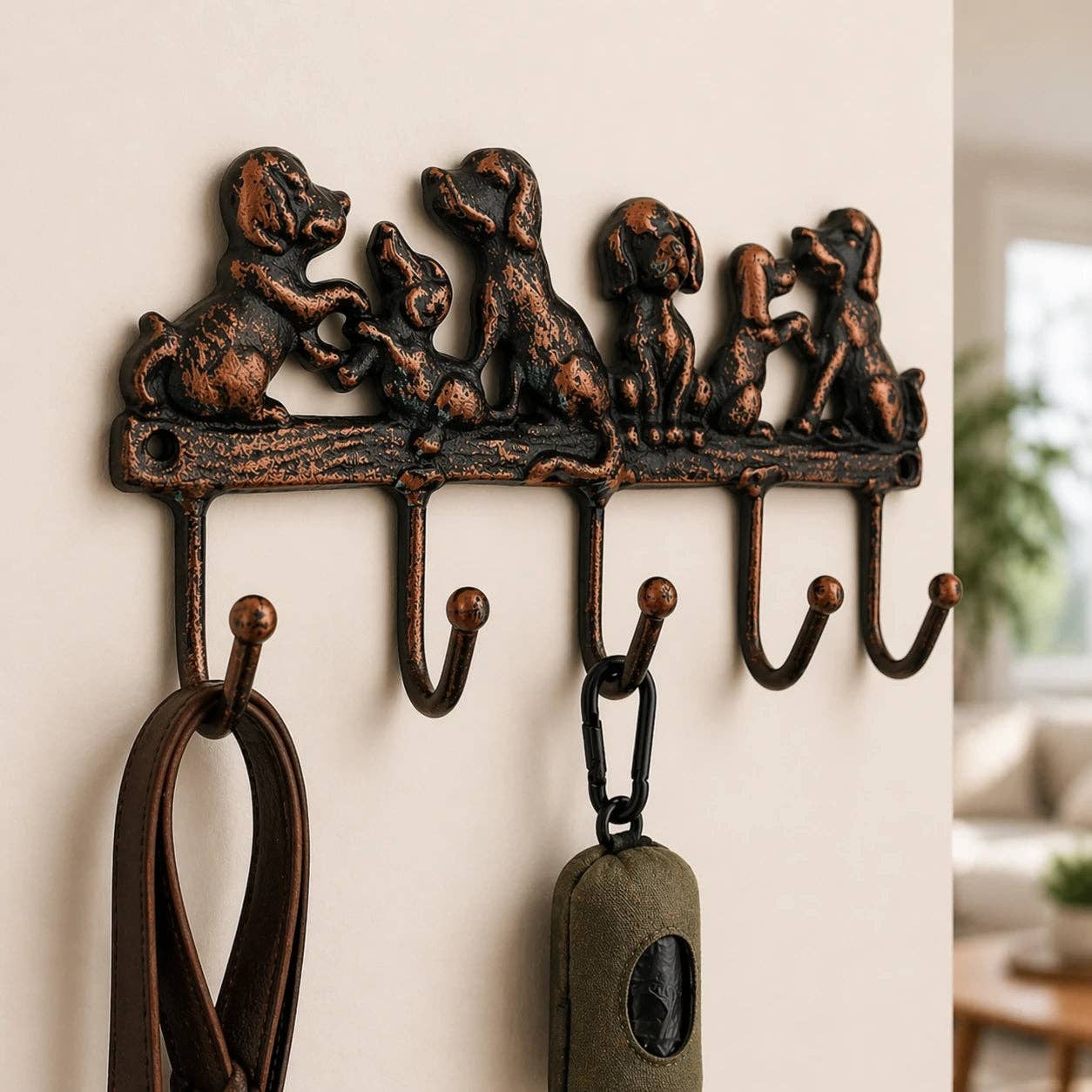 Dog Family 5-Hook Rack, Cast Iron for Leashes, Coats or Keys, 8.5"