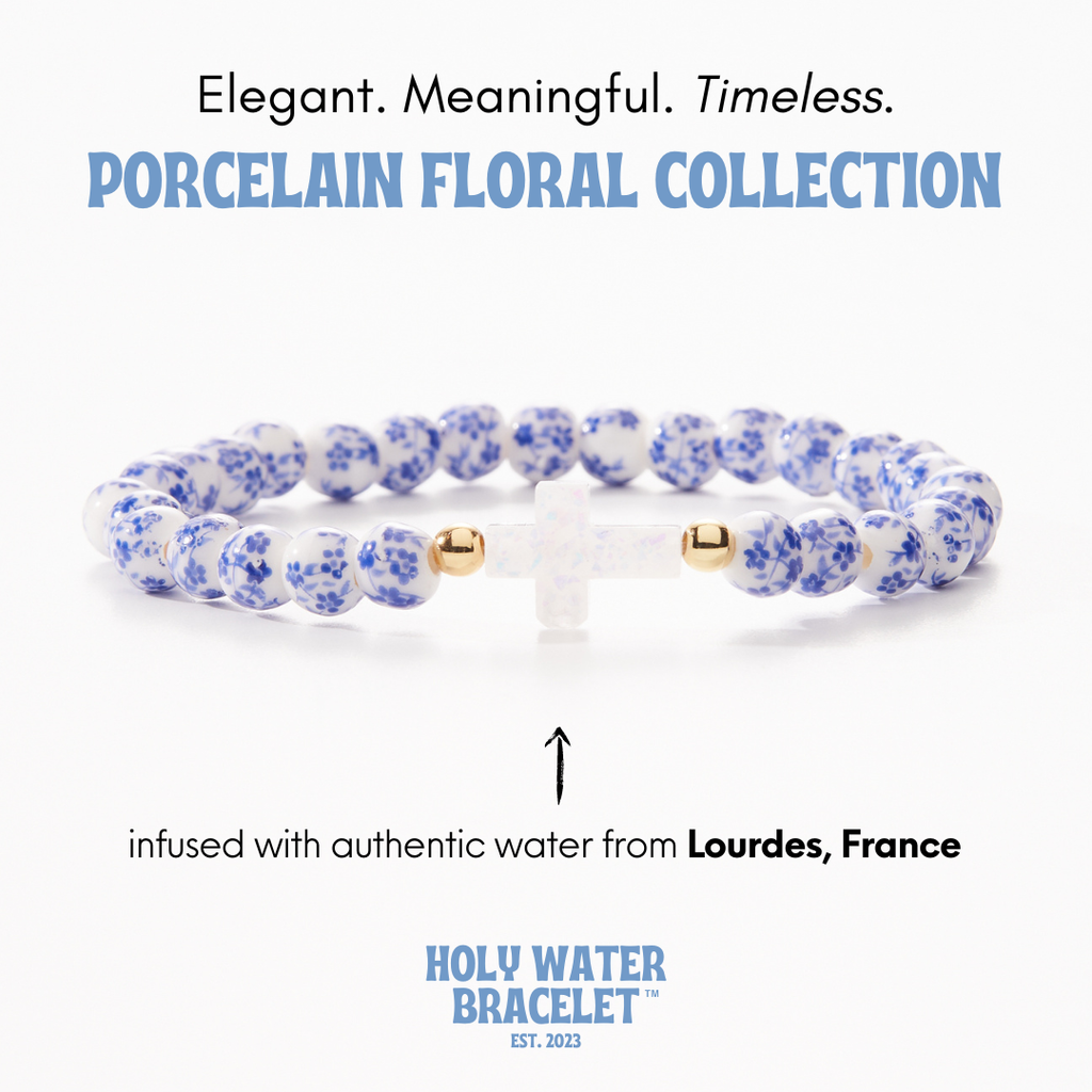 Porcelain Cross Blue Floral Holy Water Bracelet - Gold Spacer Beads