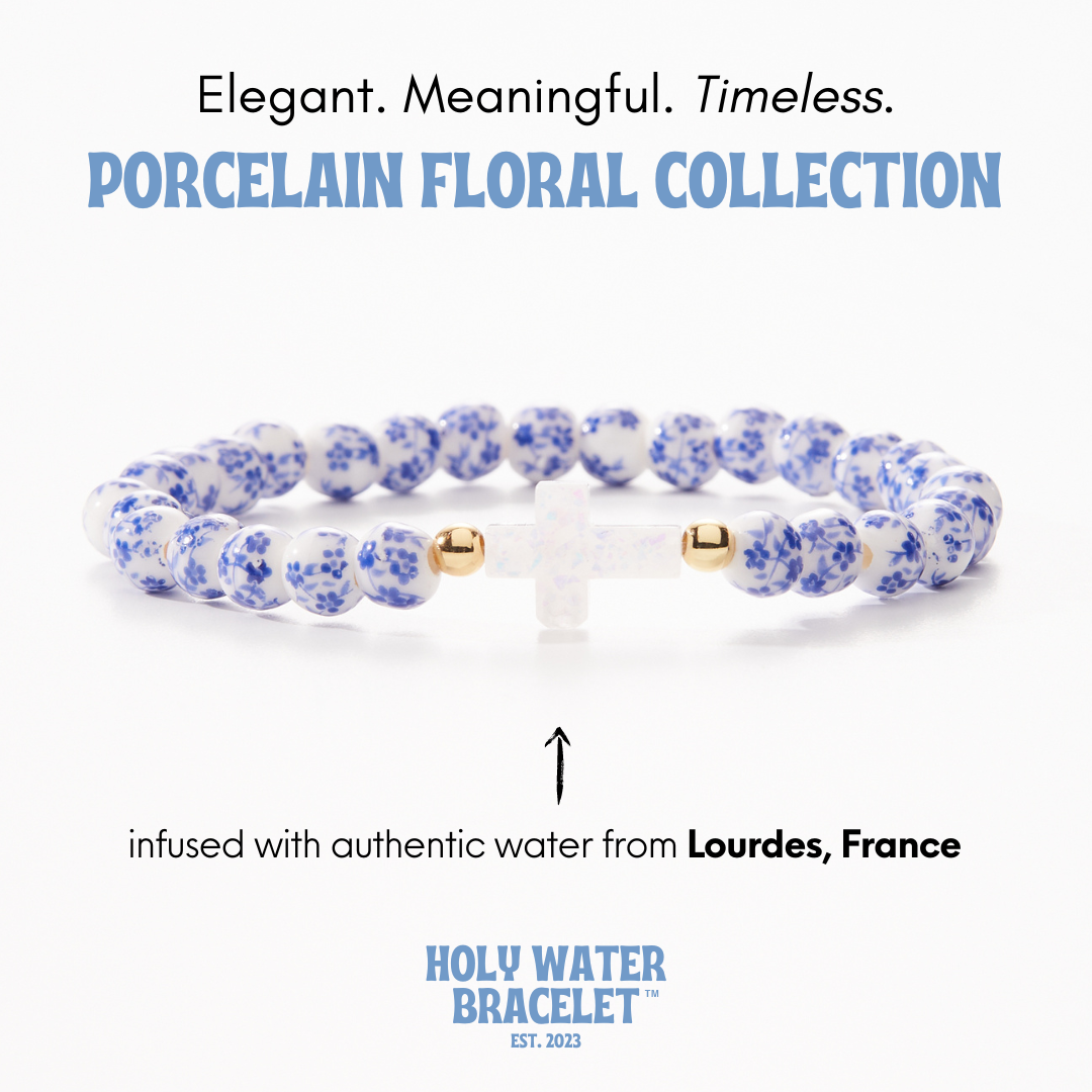 Porcelain Cross Blue Floral Holy Water Bracelet: Stainless Steel Spacer Beads