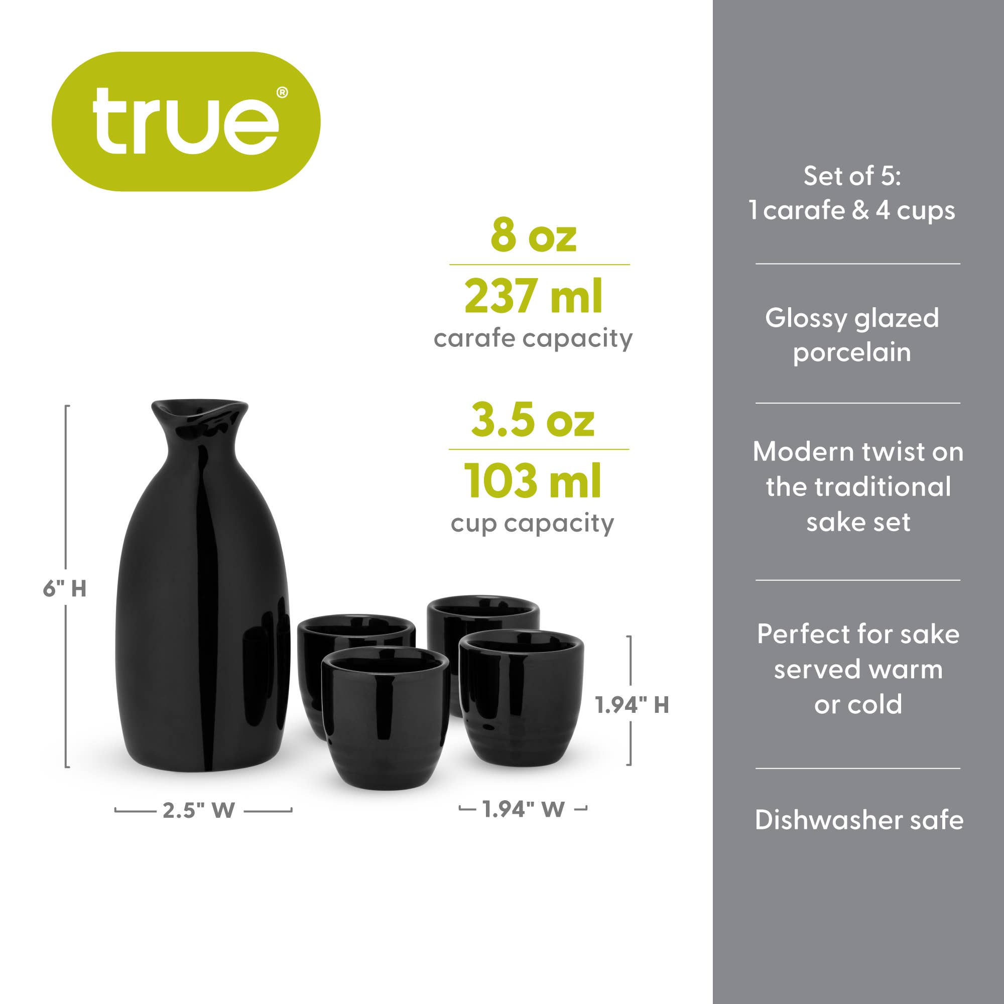 Moga Black Glazed Porcelain Sake Set - Set of 5