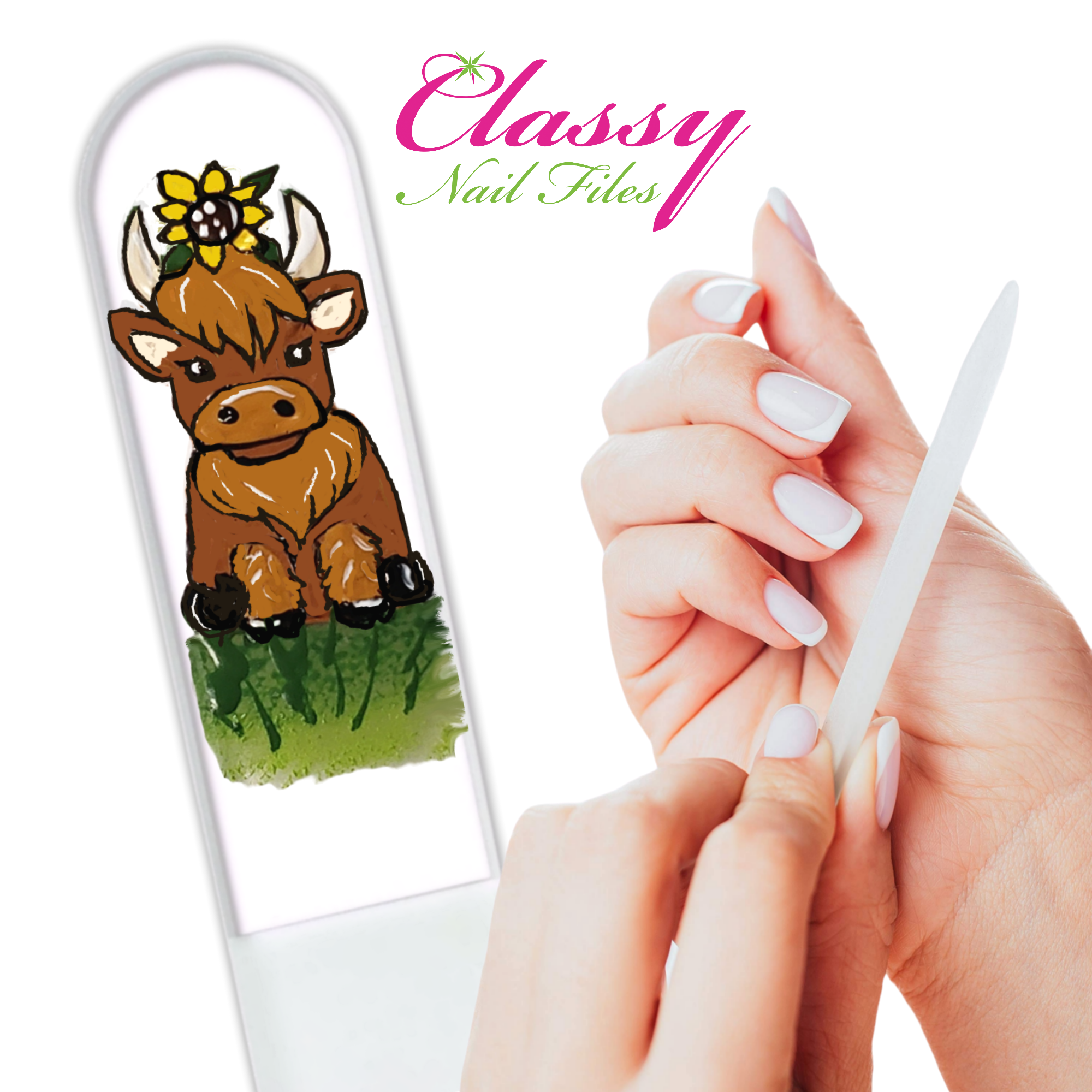 Highland Cow Sunflower Farm Hand Painted Crystal Nail File: Medium