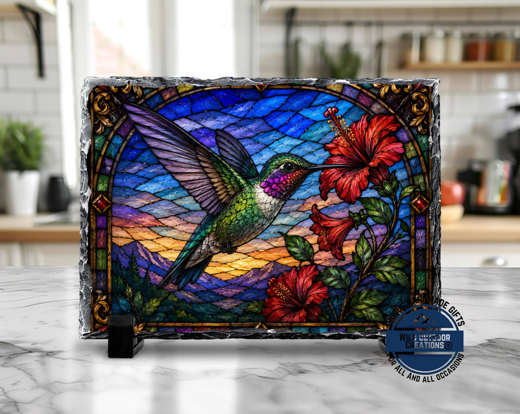 Slate Plaque - Faux Stained Glass - Hummingbird & Hibiscus
