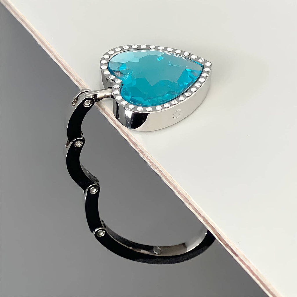 Heart Shaped Purse Hook Hanger with Rhinestones: Sky Blue