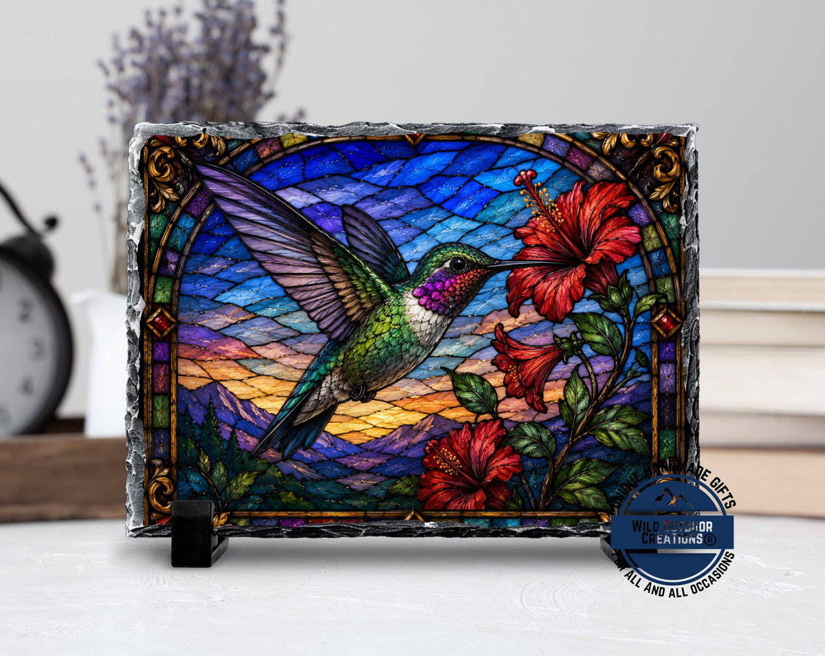 Slate Plaque - Faux Stained Glass - Hummingbird & Hibiscus