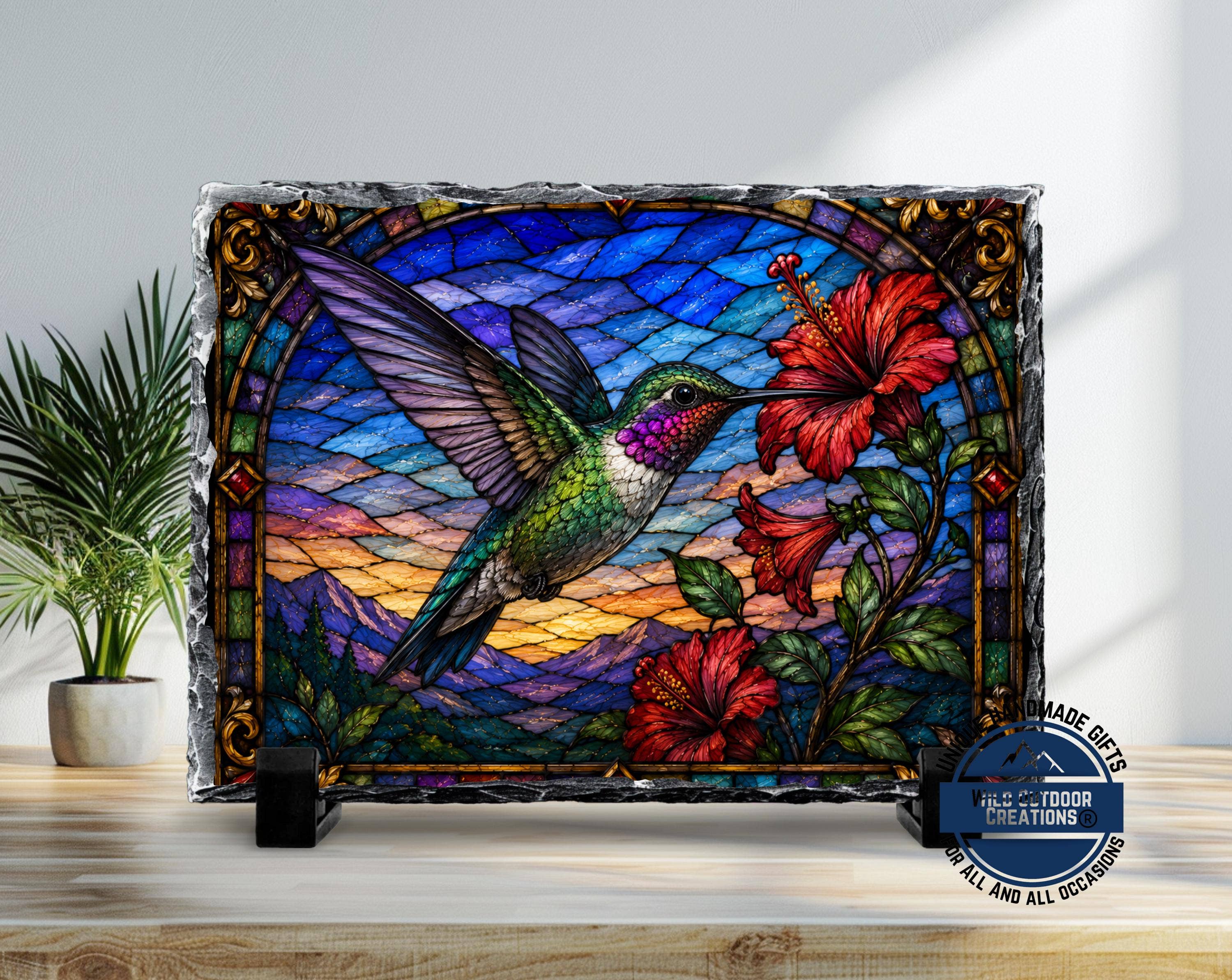 Slate Plaque - Faux Stained Glass - Hummingbird & Hibiscus