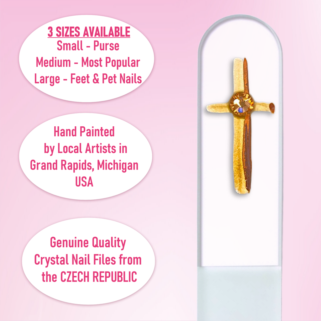 Gold Cross Religion Christian Hand Painted Crystal Nail File: Large