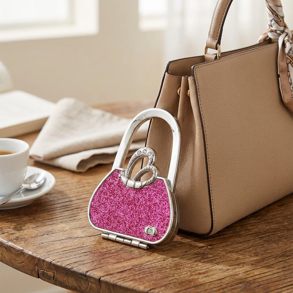 Foldable Handbag Table Hanger: Pink Handbag