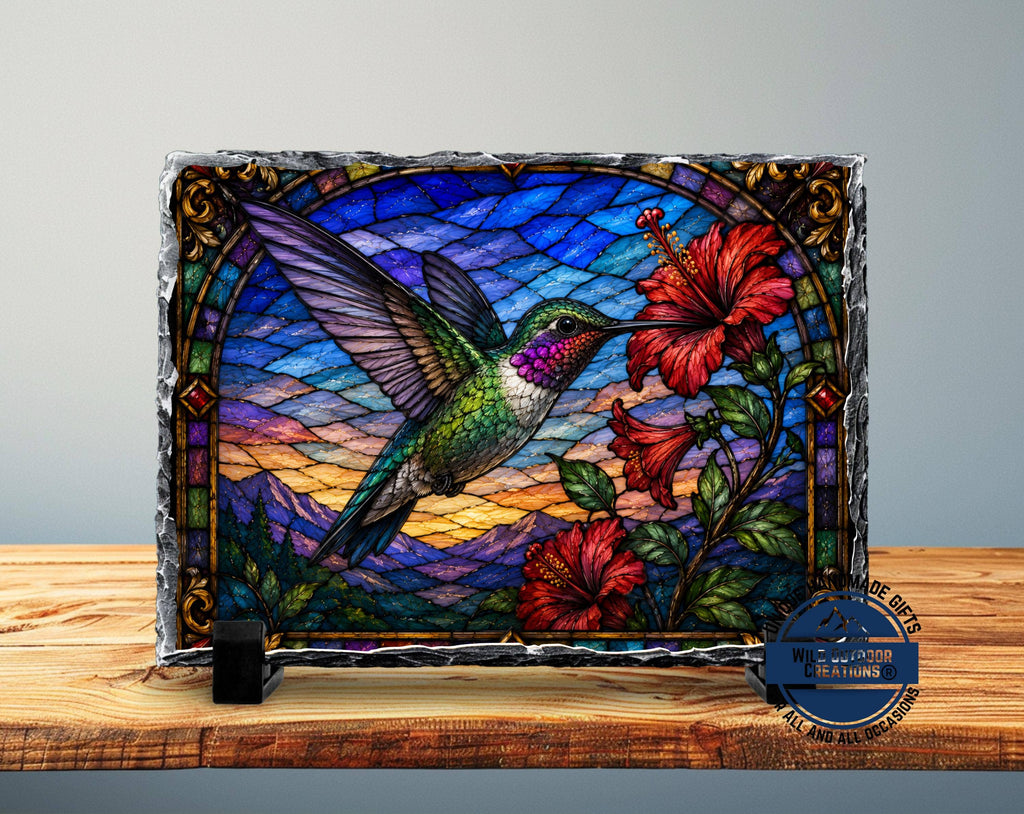 Slate Plaque - Faux Stained Glass - Hummingbird & Hibiscus