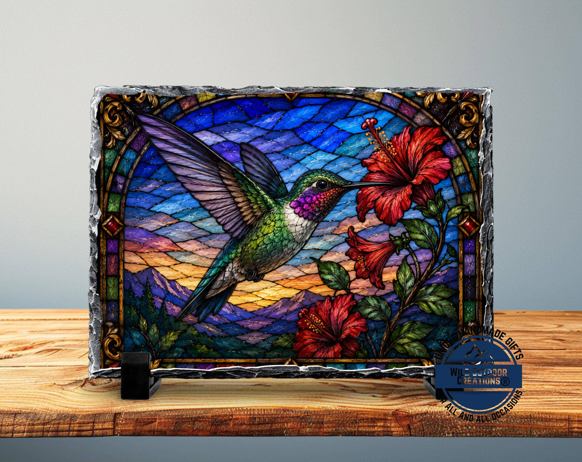 Slate Plaque - Faux Stained Glass - Hummingbird & Hibiscus