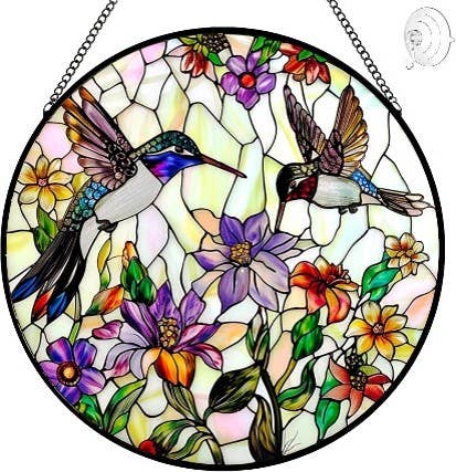 Flowers & Hummingbirds Glass Suncatcher