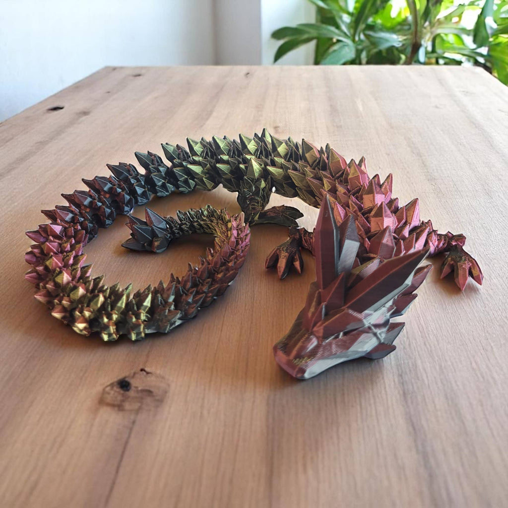 3D Printed Articulated Crystal Dragon: Tri-Color Black Red Gold / 12 inch