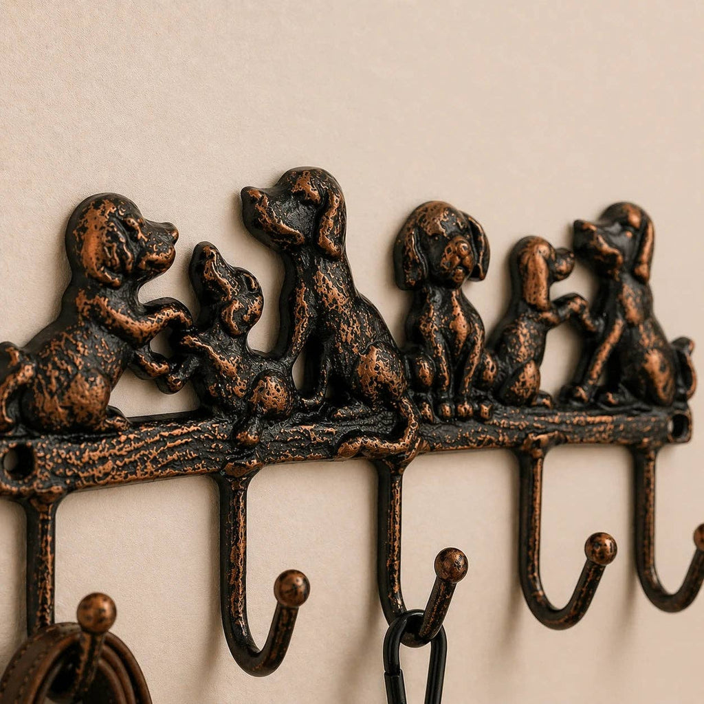 Dog Family 5-Hook Rack, Cast Iron for Leashes, Coats or Keys, 8.5"