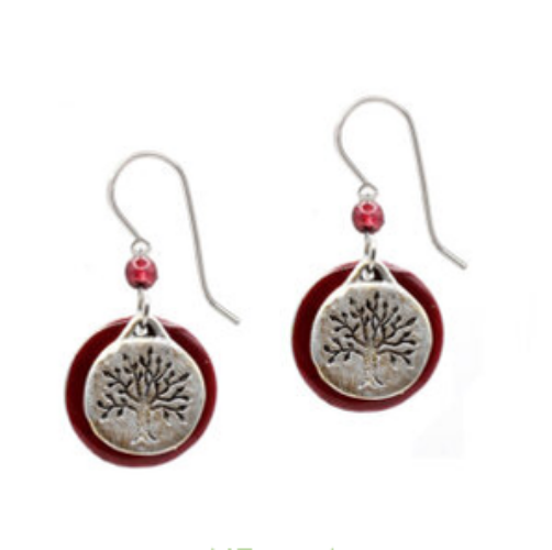 Tree Of Life on Silver & Red Rounds Silver Forest Earrings