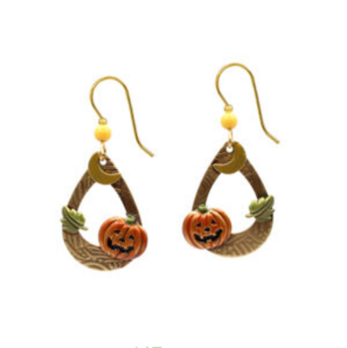 Jack-O-Lantern In Tear w/Crescent Moon Silver Forest Earrings