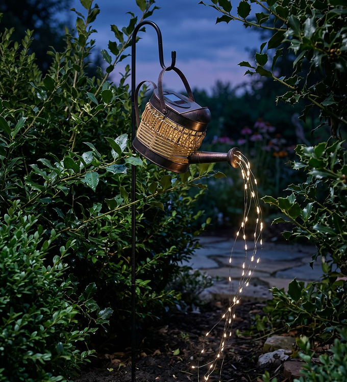 Wicker Watering Can Solar Stake