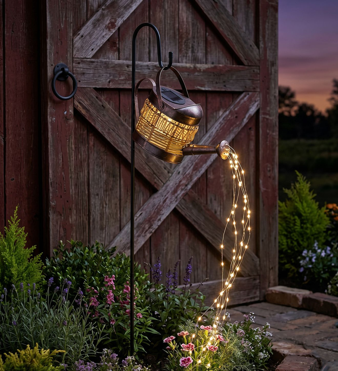 Wicker Watering Can Solar Stake