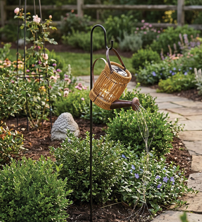 Wicker Watering Can Solar Stake