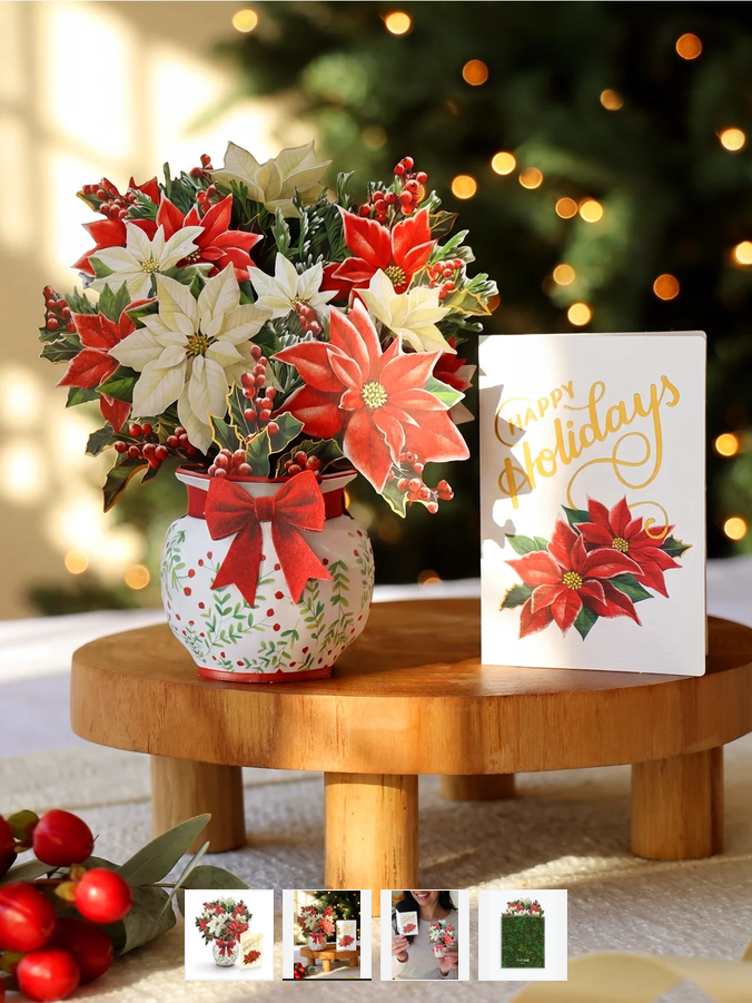 Mini Festive Poinsettias FreshCut Paper Pop-Up Greeting Card