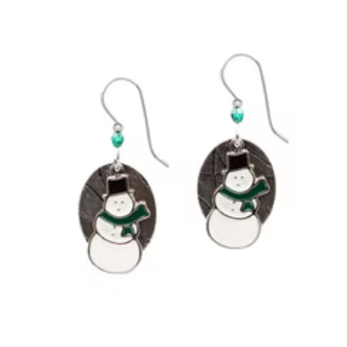 Snowman On Textured Oval Silver Forest Earrings