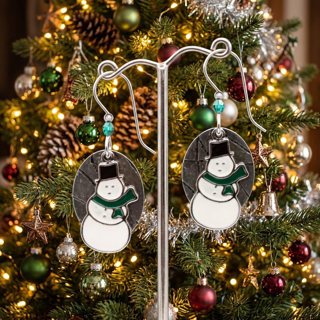 Snowman On Textured Oval Silver Forest Earrings