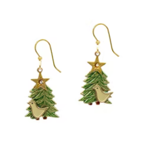 Tree w/Partridge & Star Silver Forest Earrings
